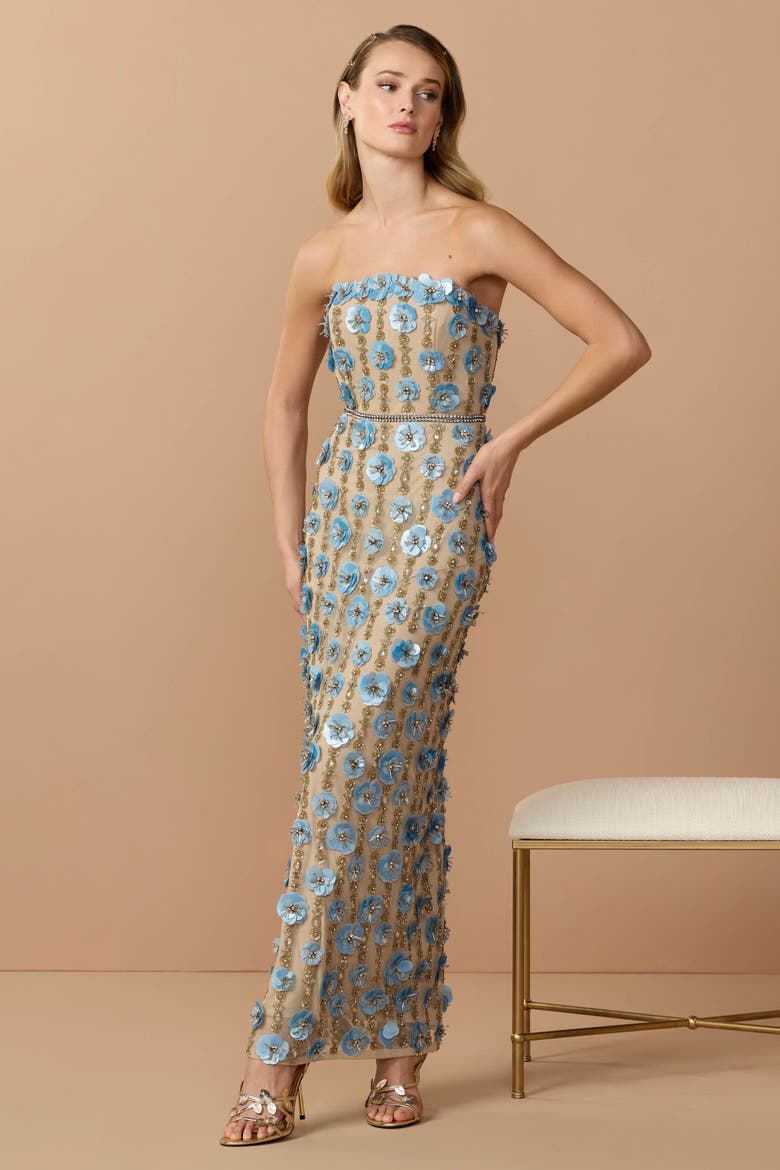 Beaded Sequin Mesh Strapless Ankle Dress, Alternate, color, Nude Blue