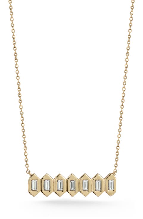 Sadie Pearl Diamond Baguette Hexagonal Bar Pendant Necklace