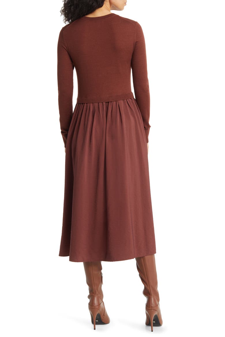 Mixed Media Long Sleeve Midi Dress, Alternate, color, BROWN RAISIN
