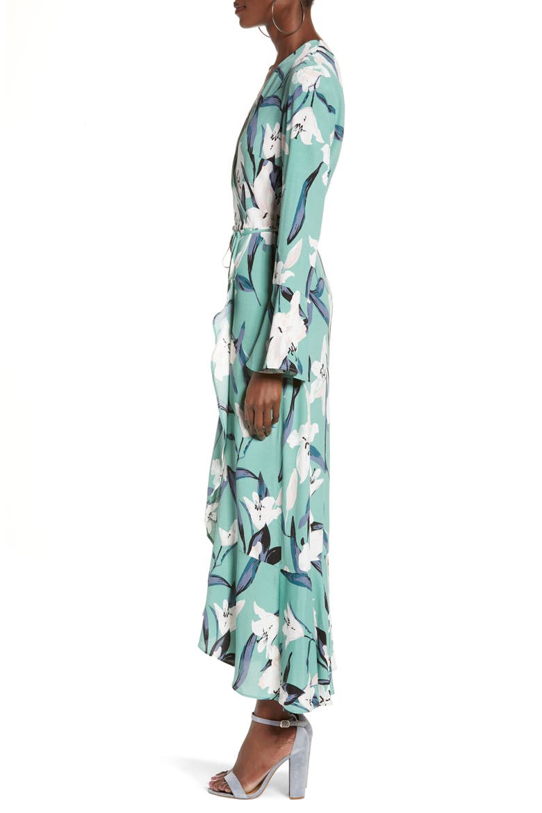 Bell Sleeve Wrap Midi Dress, Alternate, color, GREEN WING ROMANTIC FLR