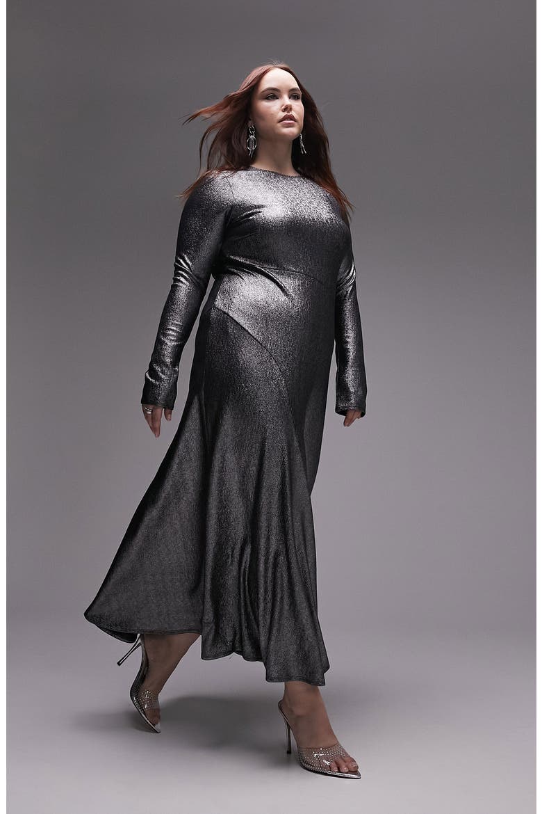 Curve Cutout Long Sleeve Metallic Maxi Dress, Alternate, color, SILVER