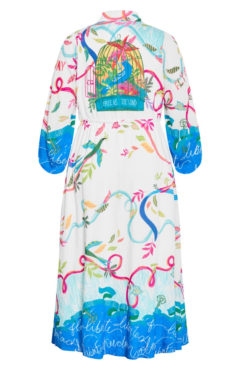 City Chic Tahlia Long Sleeve Bird Print Maxi Shirtdress, Alternate, color, Free Spirit