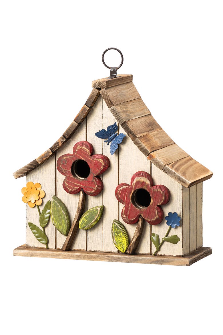 Distressed Solid Wood Birdhouse with 3D Flowers, Main, color, White