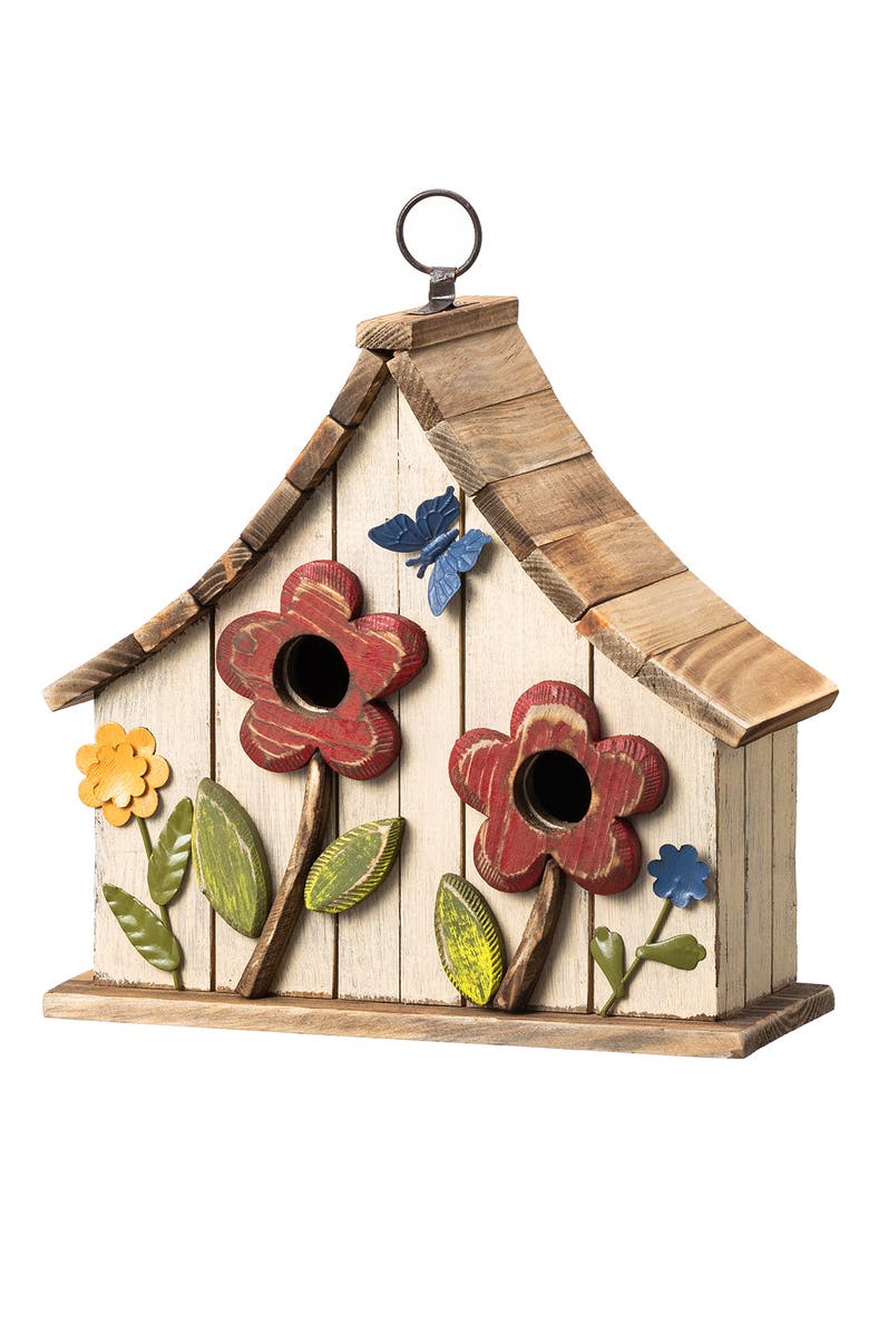 Glitzhome Distressed Solid Wood Birdhouse with 3D Flowers, Main, color, White