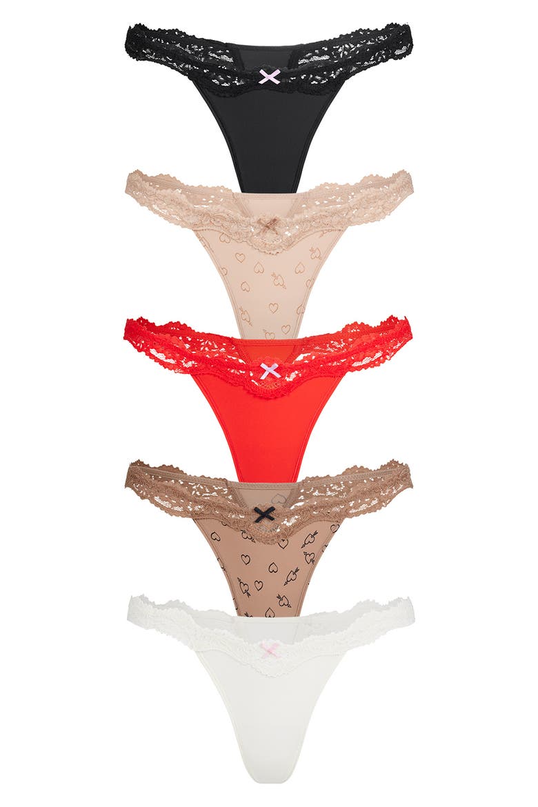 Fits Everybody 5-Pack Lace String Thongs, Main, color, SKETCHED HEARTS MULTI