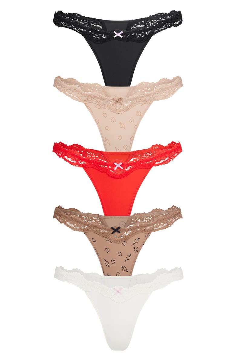 SKIMS Fits Everybody 5-Pack Lace String Thongs, Main, color, Onyx And Sketched Hearts