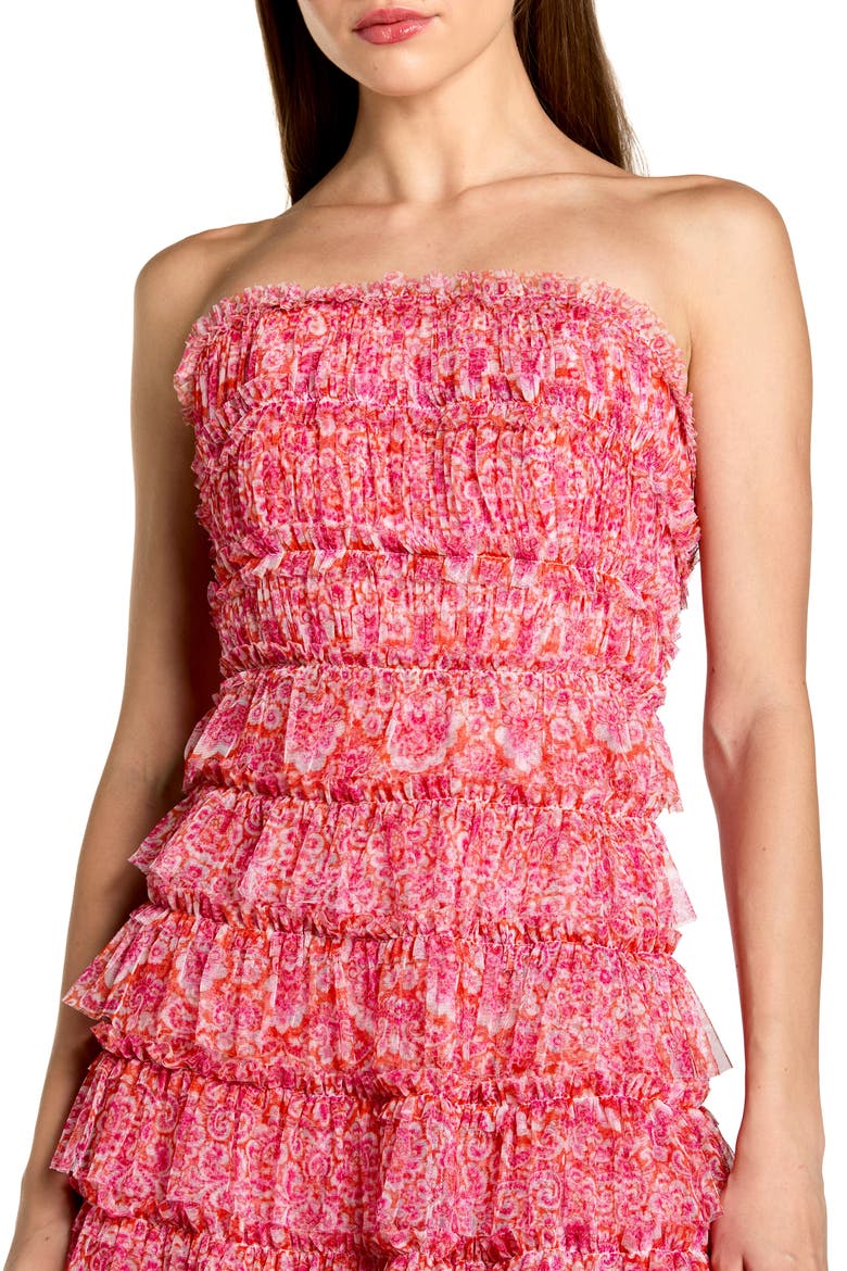 Printed Mesh Ruffle Strapless Midi Dress, Alternate, color, Pink Multi