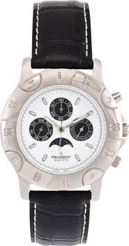 Peugeot Round Multi-Function Moon Phase Leather Watch - 40MM
