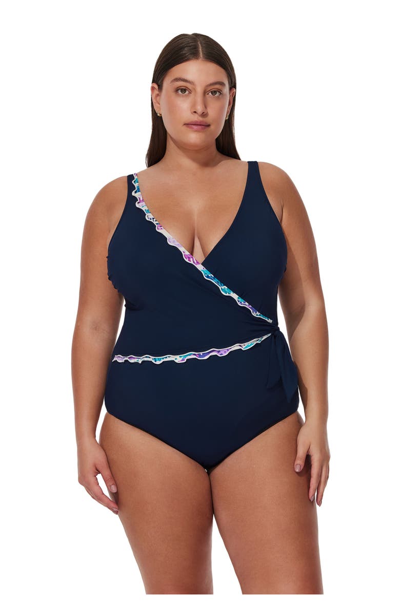 Canva Plus Size Tricolore V Neck Surplice One Piece, Alternate, color, Navy