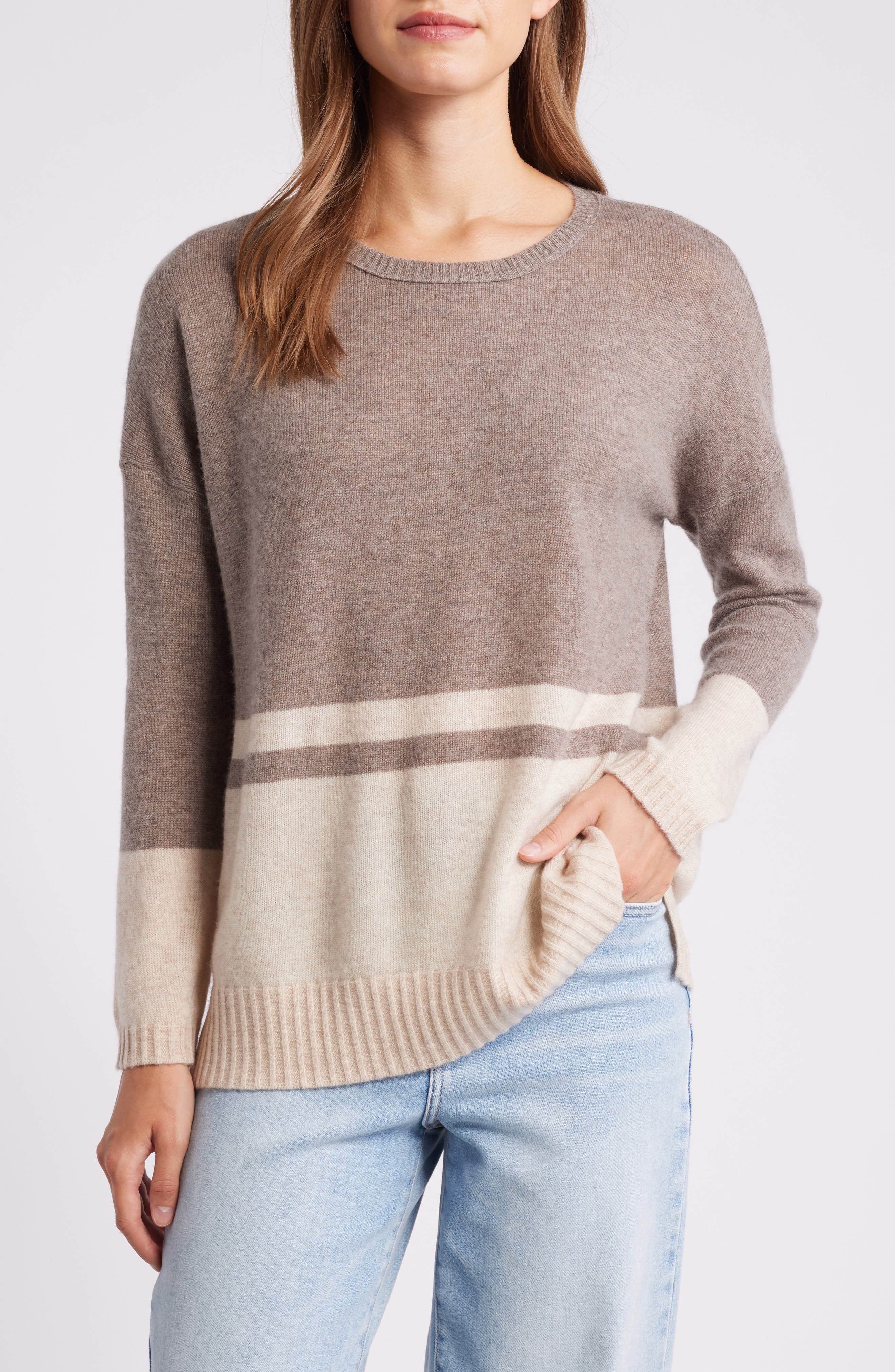 Griffen Colorblock Wool & Cashmere Crewneck Sweater in Mink/Oat 