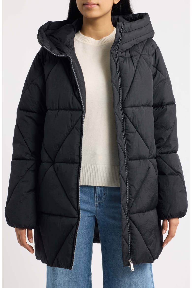 Diamond Quilted Hooded Puffer Coat, Alternate, color, BLACK