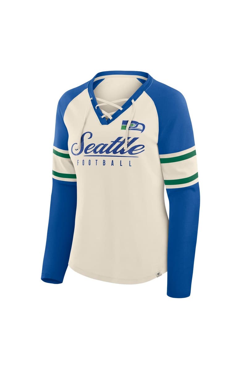 FANATICS Women's Fanatics Cream/Royal Seattle Seahawks Hometown Gridiron Hero Raglan Lace-Up V-Neck Long Sleeve T-Shirt, Alternate, color, Cream