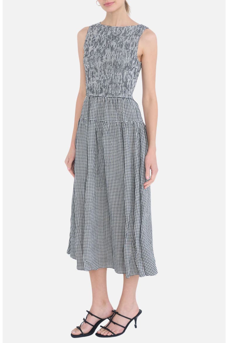 Gingham Smocked Midi Dress, Alternate, color, BLACK