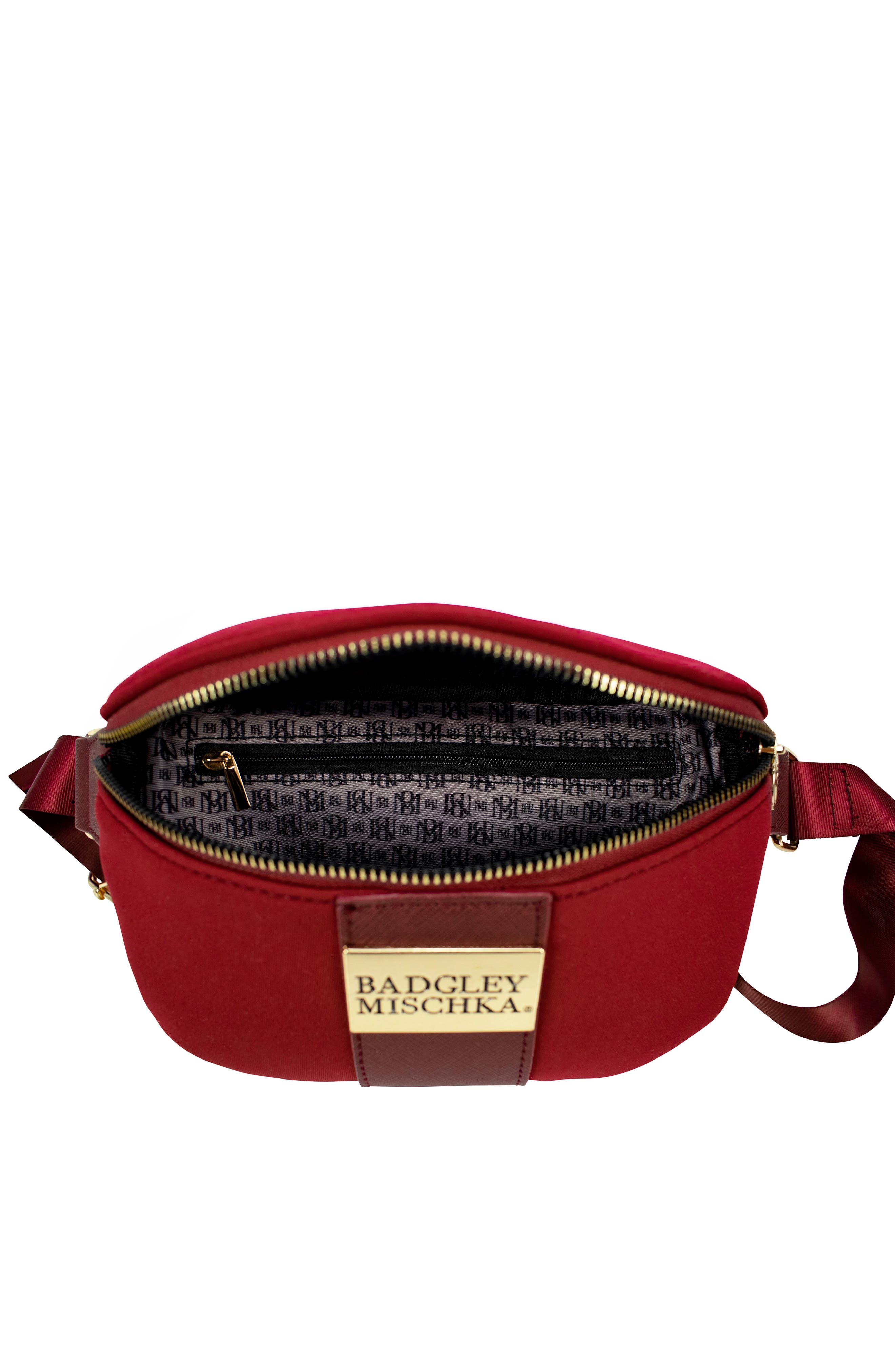 BADGLEY MISCHKA Sage Scuba and Vegan Leather Belt Bag, Alternate, color, Burgundy