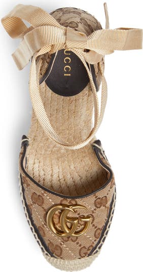 Gucci Pilar GG Ankle Tie Espadrille Platform Wedge (Women
