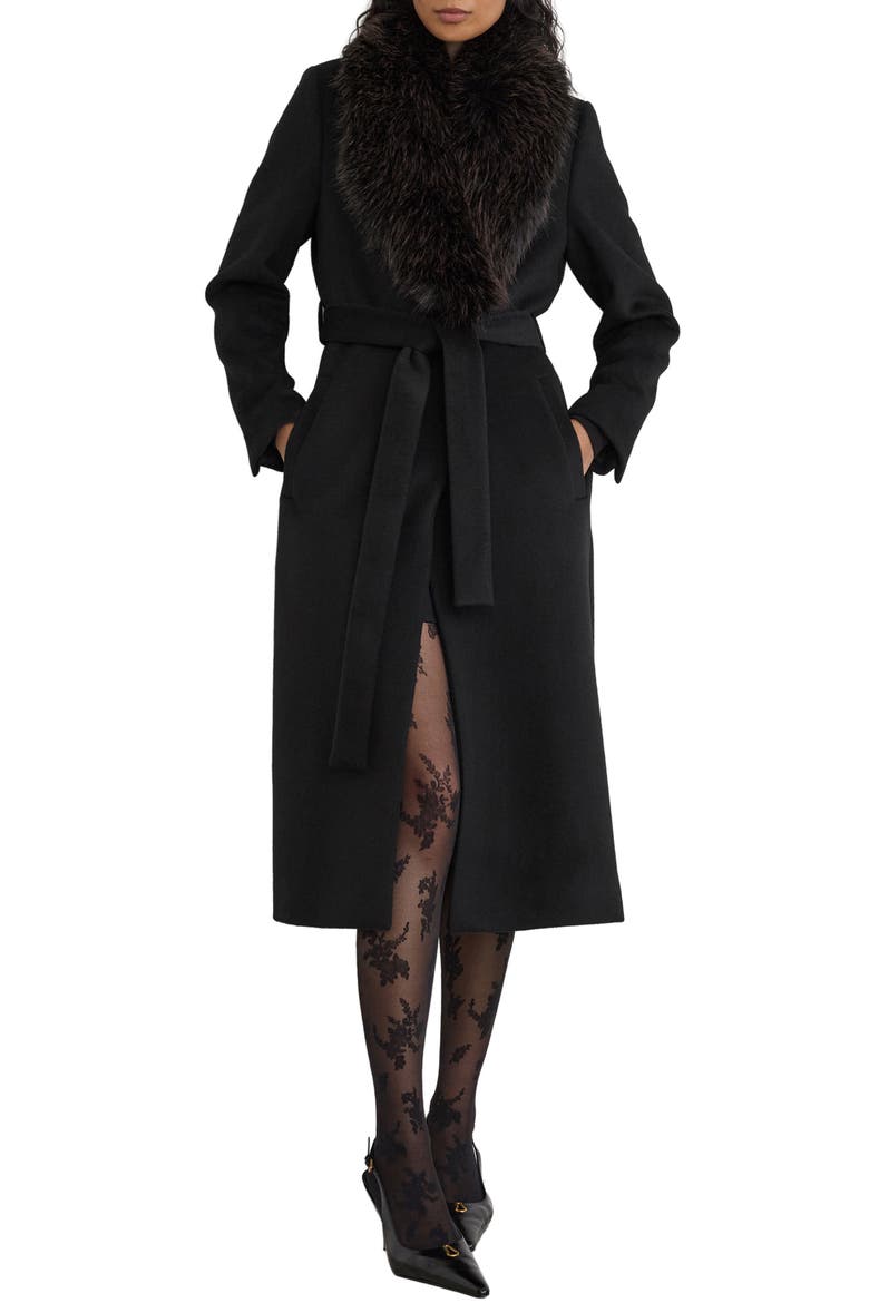 Francesca Faux Fur Collar Wool Blend Belted Coat, Main, color, BLACK