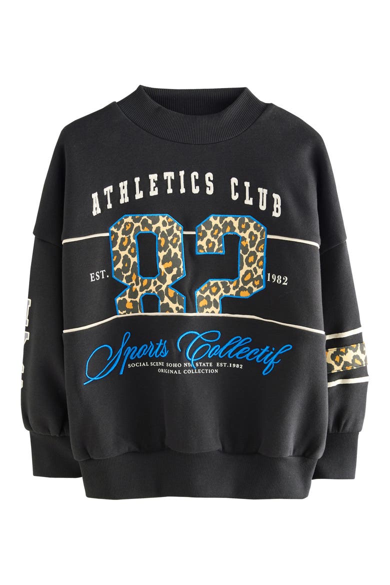 Kids' Leopard Print Varsity Sweatshirt, Main, color, BLACK