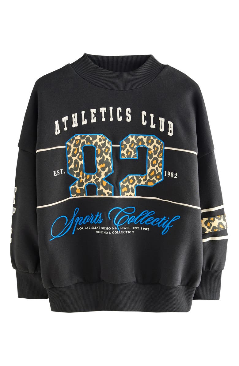 NEXT Kids' Leopard Print Varsity Sweatshirt, Main, color, Black