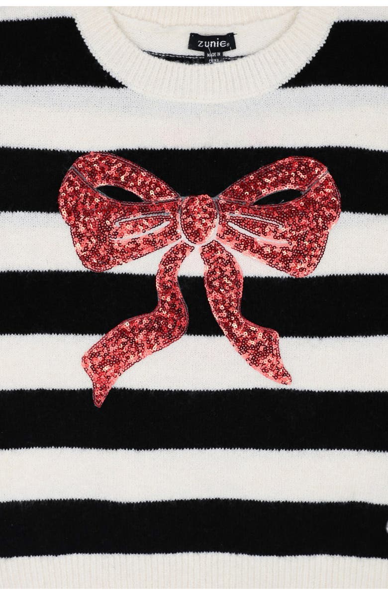 Zunie Kids' Sequin Bow Stripe Sweater, Alternate, color, Ivory/ Black