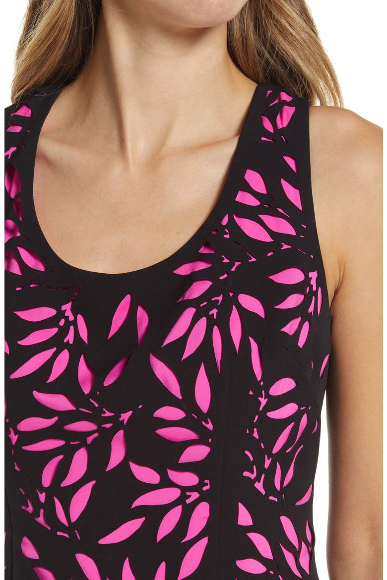 Laser Cut Lace Sheath Dress, Alternate, color, BLACK/ FUCHSIA