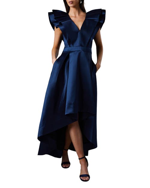Coast Frill Sleeve V-Neck Midi Dress in Navy 
