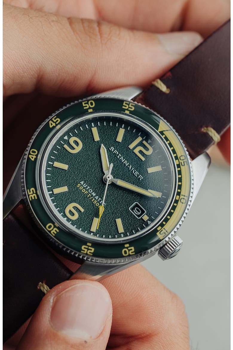 Fleuss Automatic Leather Strap Watch, 43mm, Alternate, color, GREEN