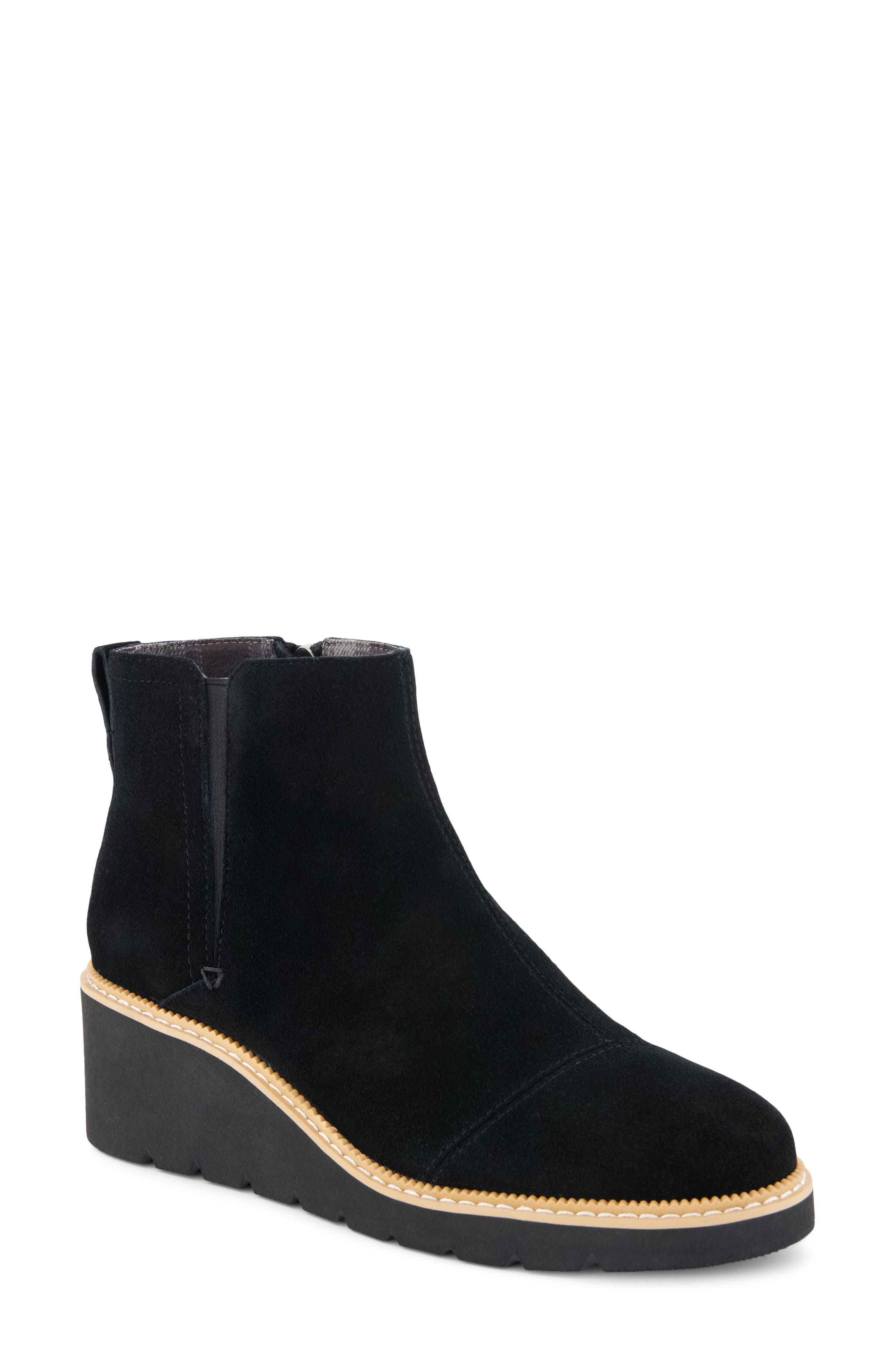 Mina Leather Wedge Bootie with Faux Shearling Trim, Main, color, BLACK