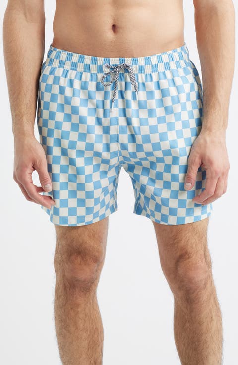 Checkerboard Print Swim Trunks