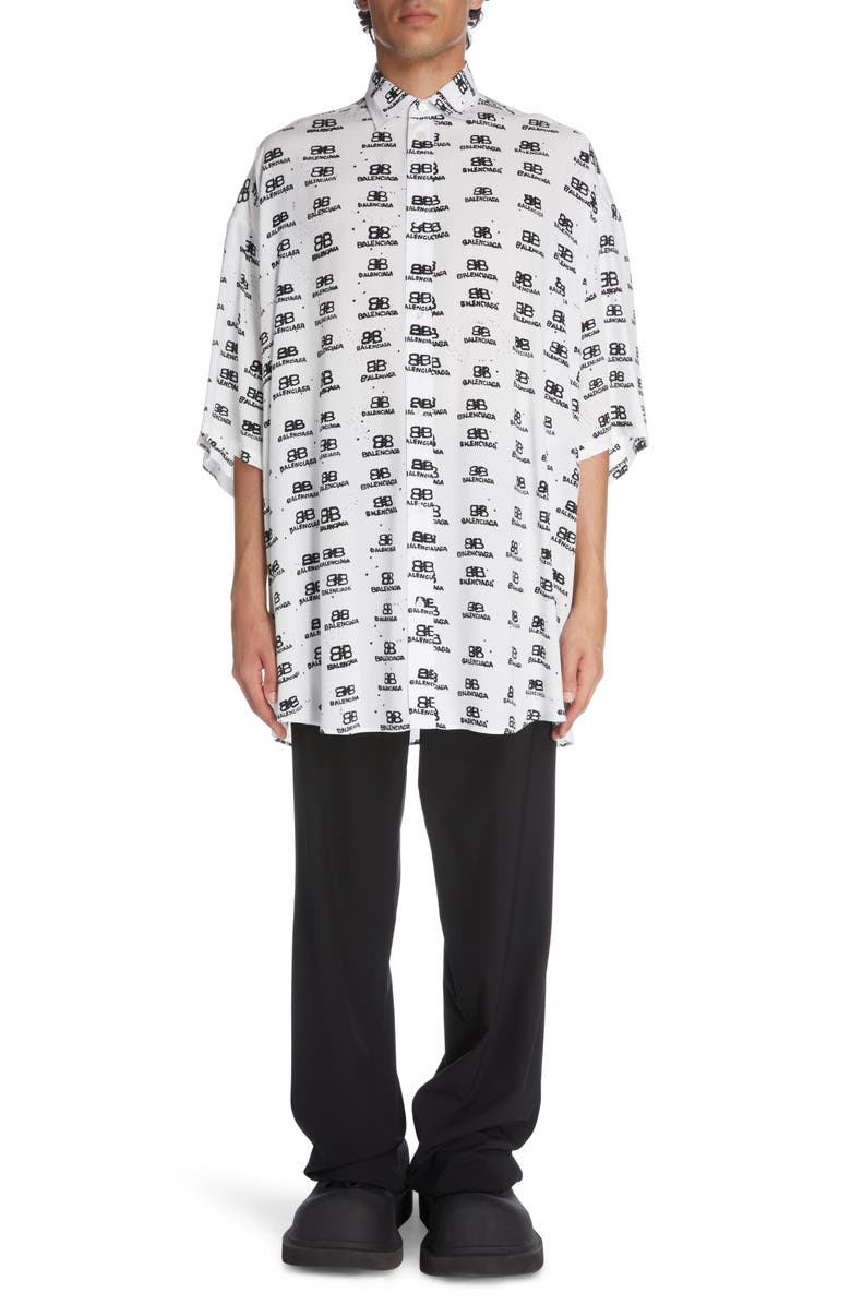 Balenciaga Oversize Hand Drawn BB Logo Button-Up Shirt, Alternate, color,