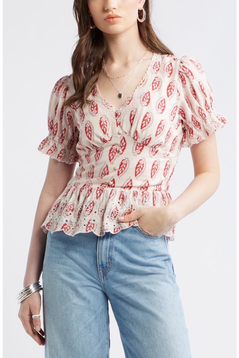 Cutwork Peplum Top, Main, color, PINK- RUST FOULARD FLEUR