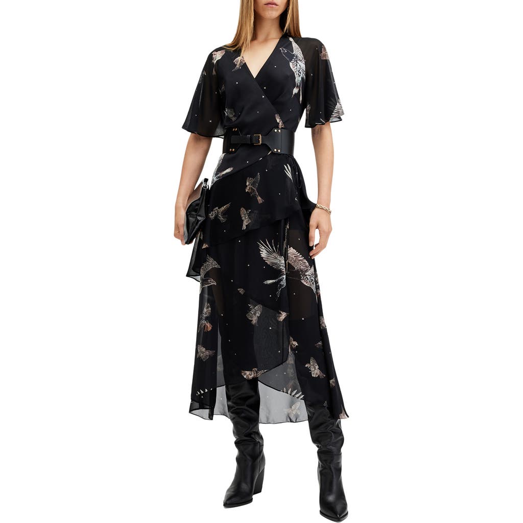 Allsaints Alana Printed Wrap Over Midi Dress