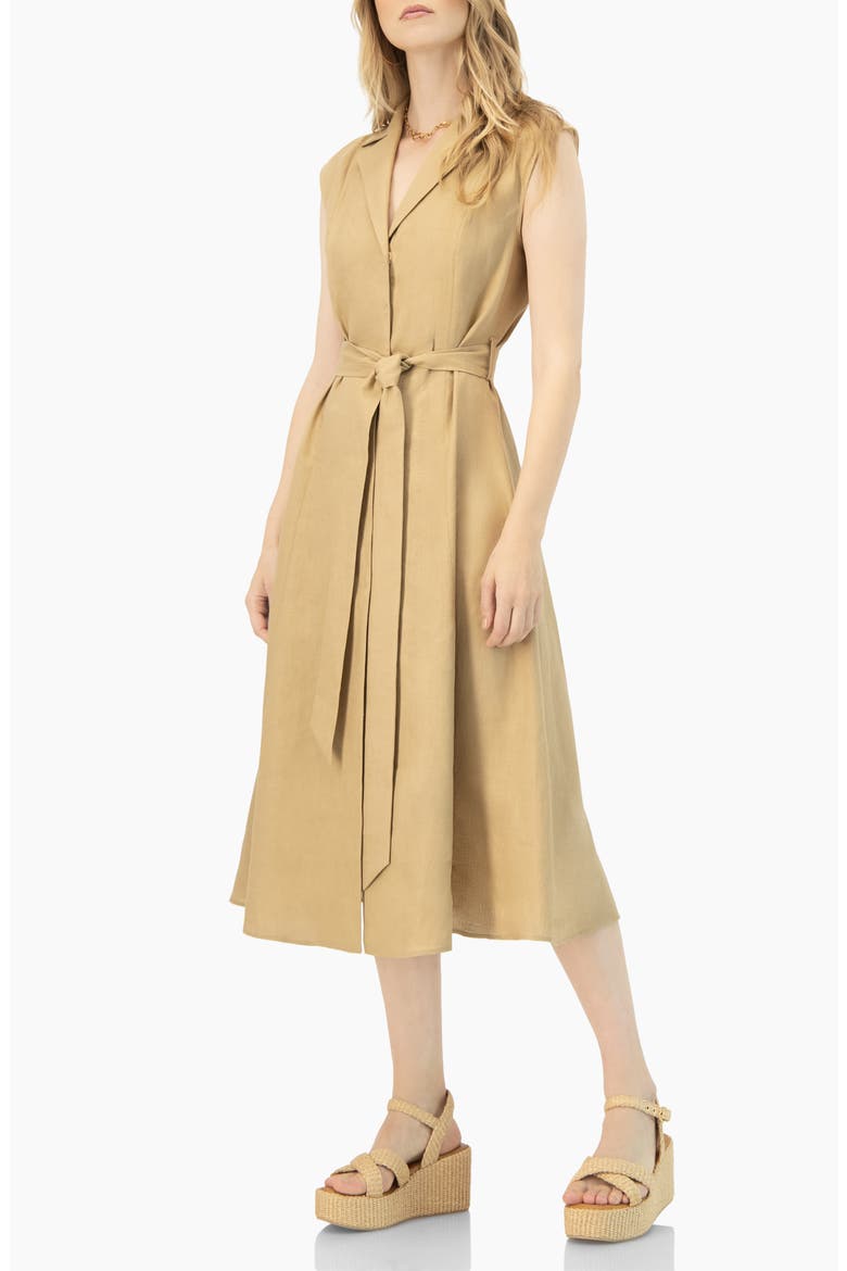 Long Linen Dress with Waist Tie, Alternate, color, Beige