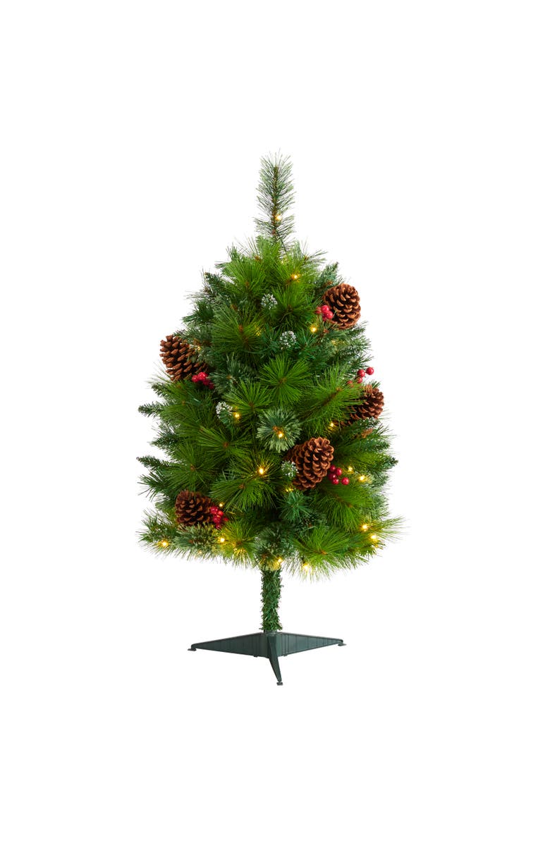 NEARLY NATURAL 3-ft Montana Mixed Pine Artificial Christmas Tree with Pine Cones, Berries and 50 Clear LED Lights, Main, color, Green