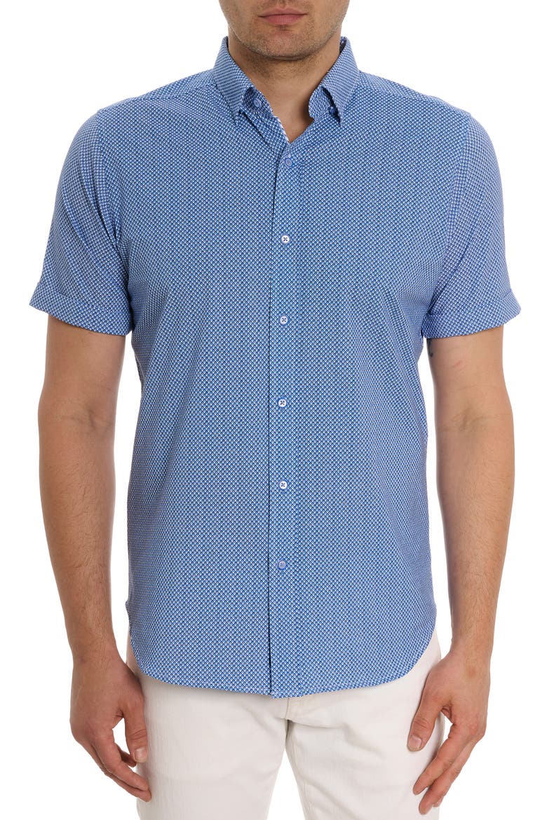 Shuler Deco Print Short Sleeve Stretch Cotton Button-Up Shirt, Main, color, BLUE