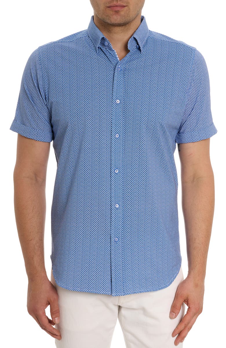 Robert Graham Shuler Deco Print Short Sleeve Stretch Cotton Button-Up Shirt, Main, color,