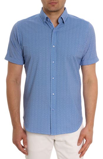 Robert Graham Shuler Deco Print Short Sleeve Stretch Cotton Button-up Shirt