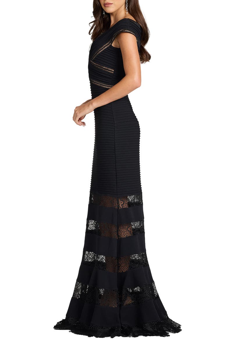 Tadashi Shoji Pintuck Ladder Stitch Lace Inset Trumpet Gown, Alternate, color, Black