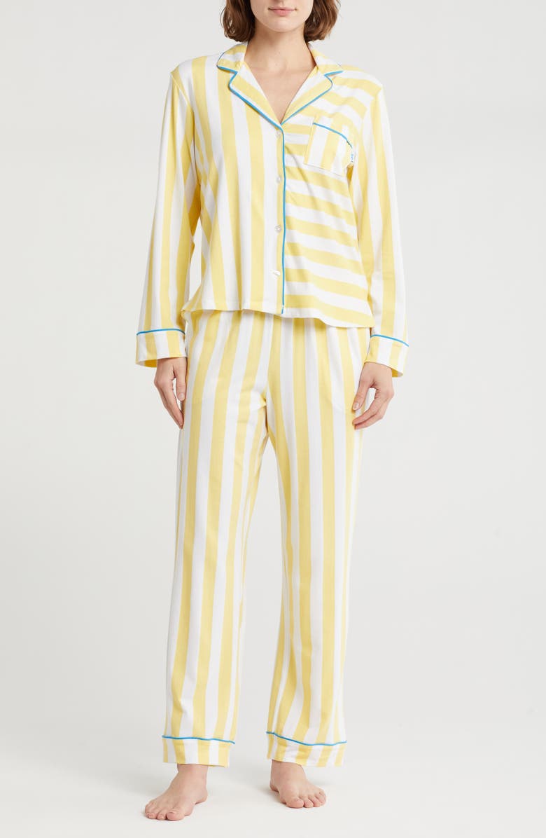 DKNY Stripe Long Sleeve Top & Pants Pajamas, Main, color, Yelw/ Wht