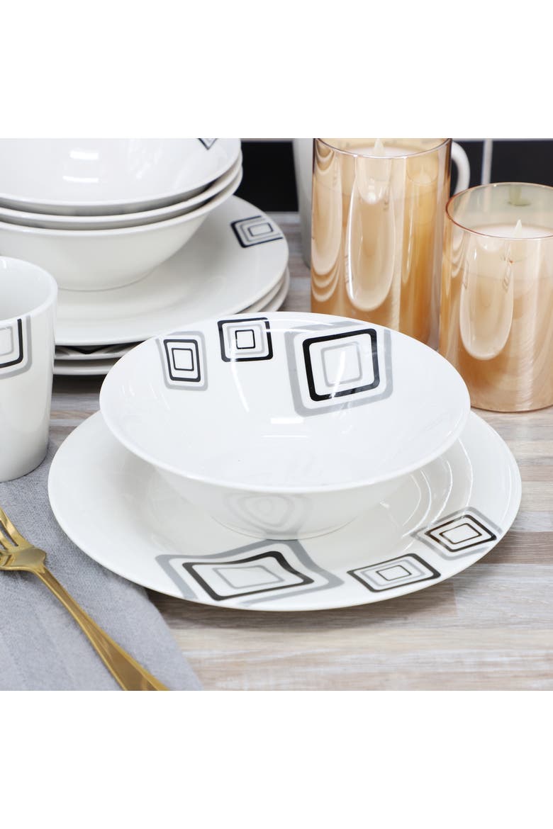 Black Squares 12 Piece Round Fine Ceramic Dinnerware Set, Alternate, color, White