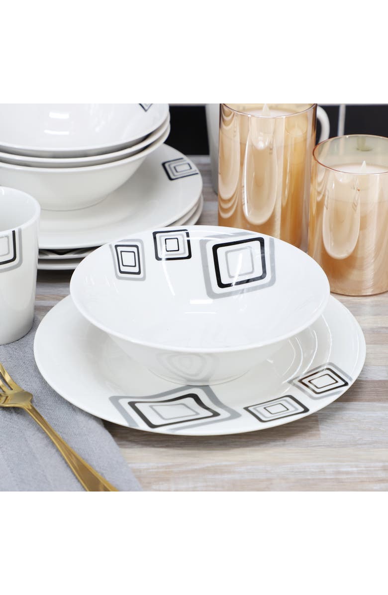 Gibson Home Black Squares 12 Piece Round Fine Ceramic Dinnerware Set, Alternate, color, White