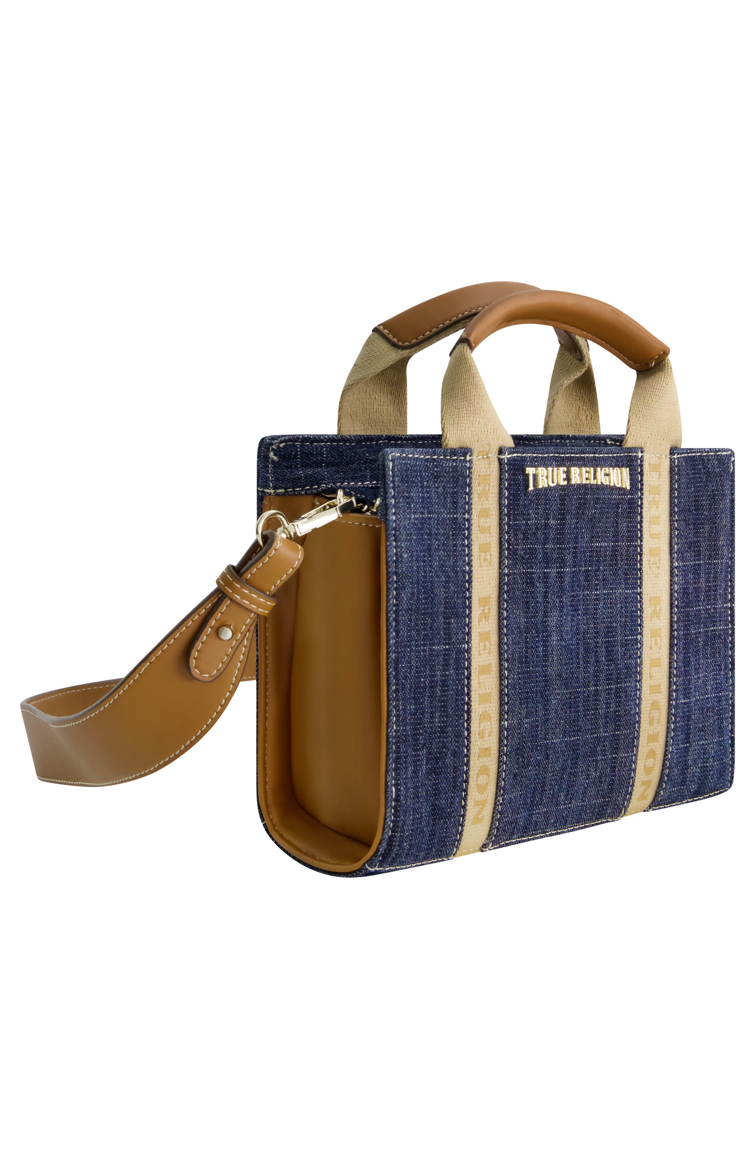 True Religion Mini Logo Denim Convertible Tote Bag, Alternate, color, Dark Denim