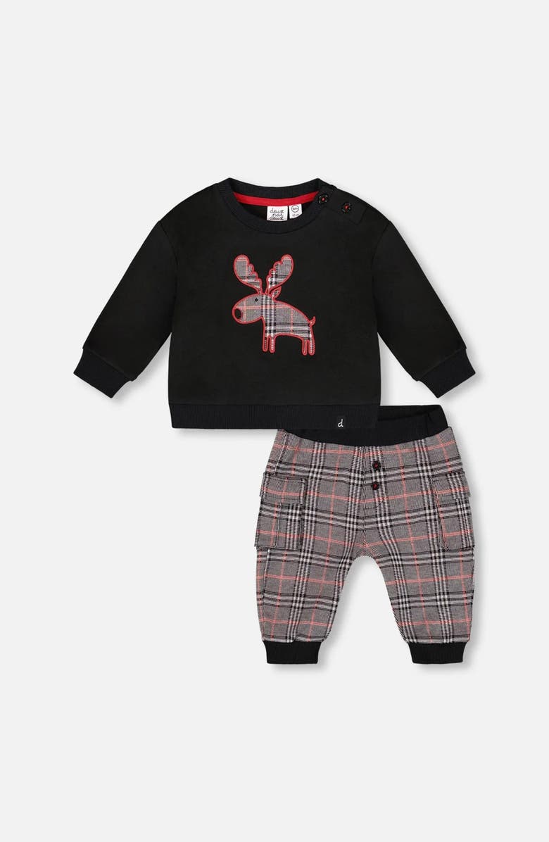 Deux par Deux Sweater and Cargo Pants Set with Moose Applique, Main, color, Black