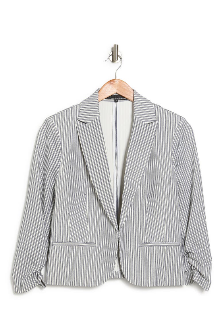 Three-Quarter Scrunch Sleeve Railroad Stripe Blazer, Alternate, color, BLUE/WHITE
