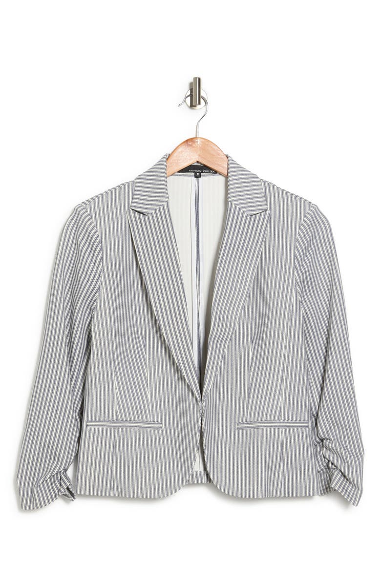 Amanda & Chelsea Three-Quarter Scrunch Sleeve Railroad Stripe Blazer, Alternate, color, Blue/ White