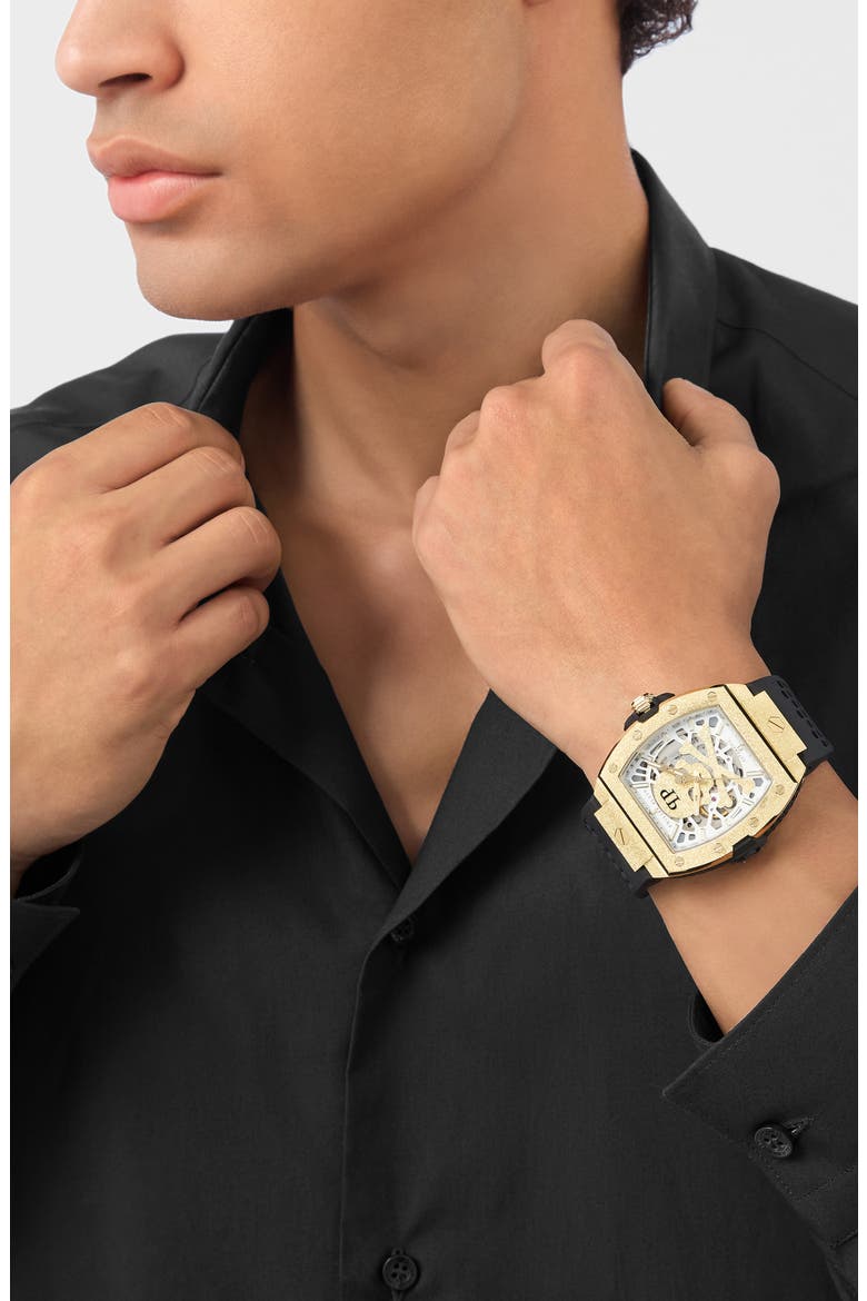 The $keleton Frosted Automatic Silicone Strap Watch, 44mm, Alternate, color, IP YELLOW GOLD