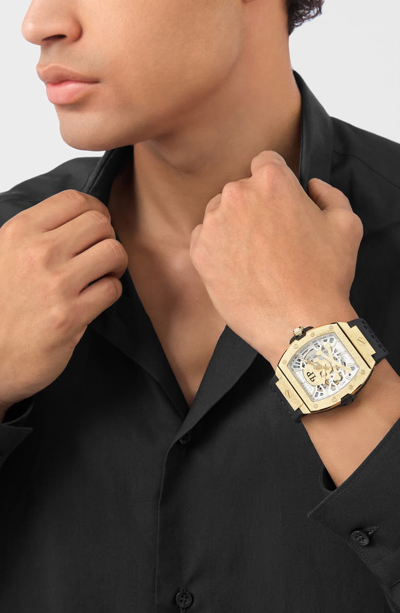 PHILIPP PLEIN The $keleton Frosted Automatic Silicone Strap Watch, 44mm, Alternate, color, Ip Yellow Gold