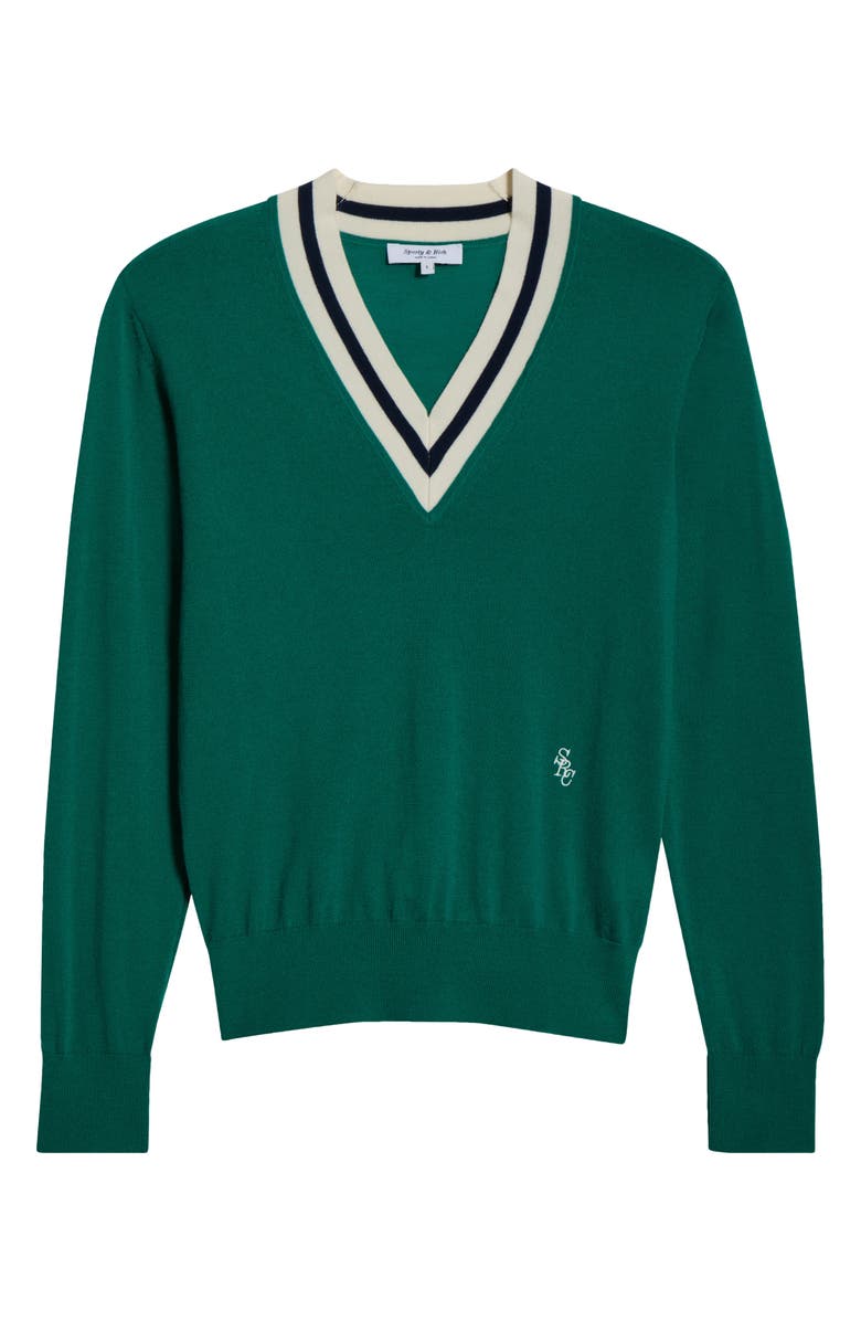 Sporty & Rich Minimalist V-Neck Merino Wool Sweater, Main, color, Alpine/ Dark Navy/ Off White