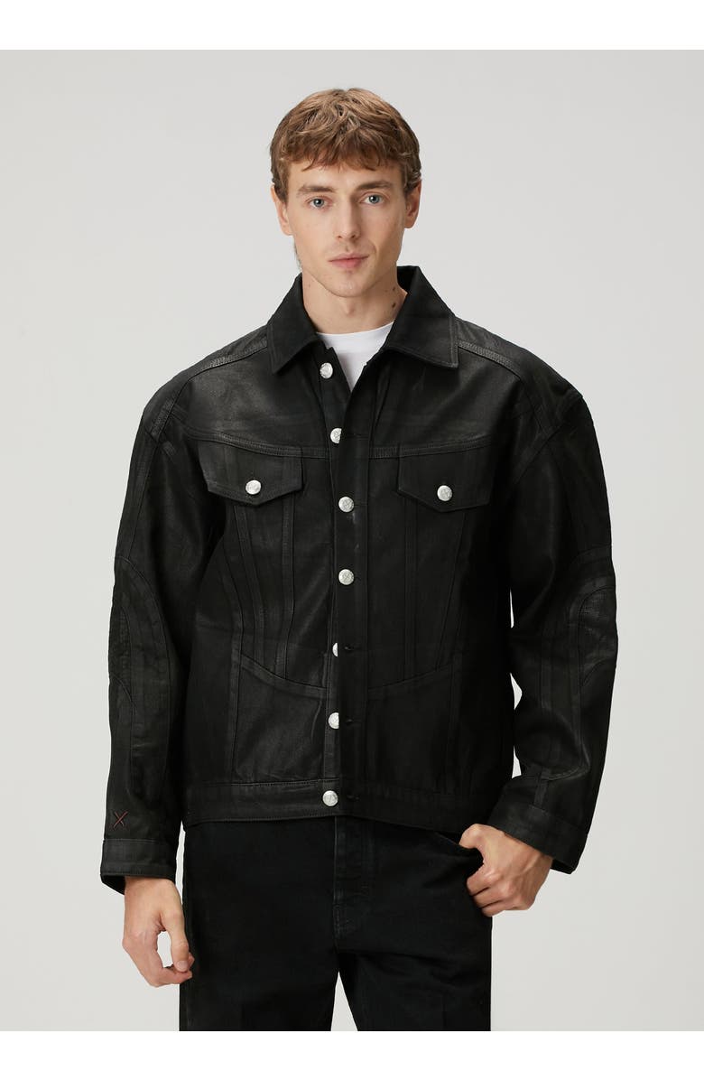 PCFG Pure Cotton Shiny Coated Men Denim Jacket, Alternate, color, Black