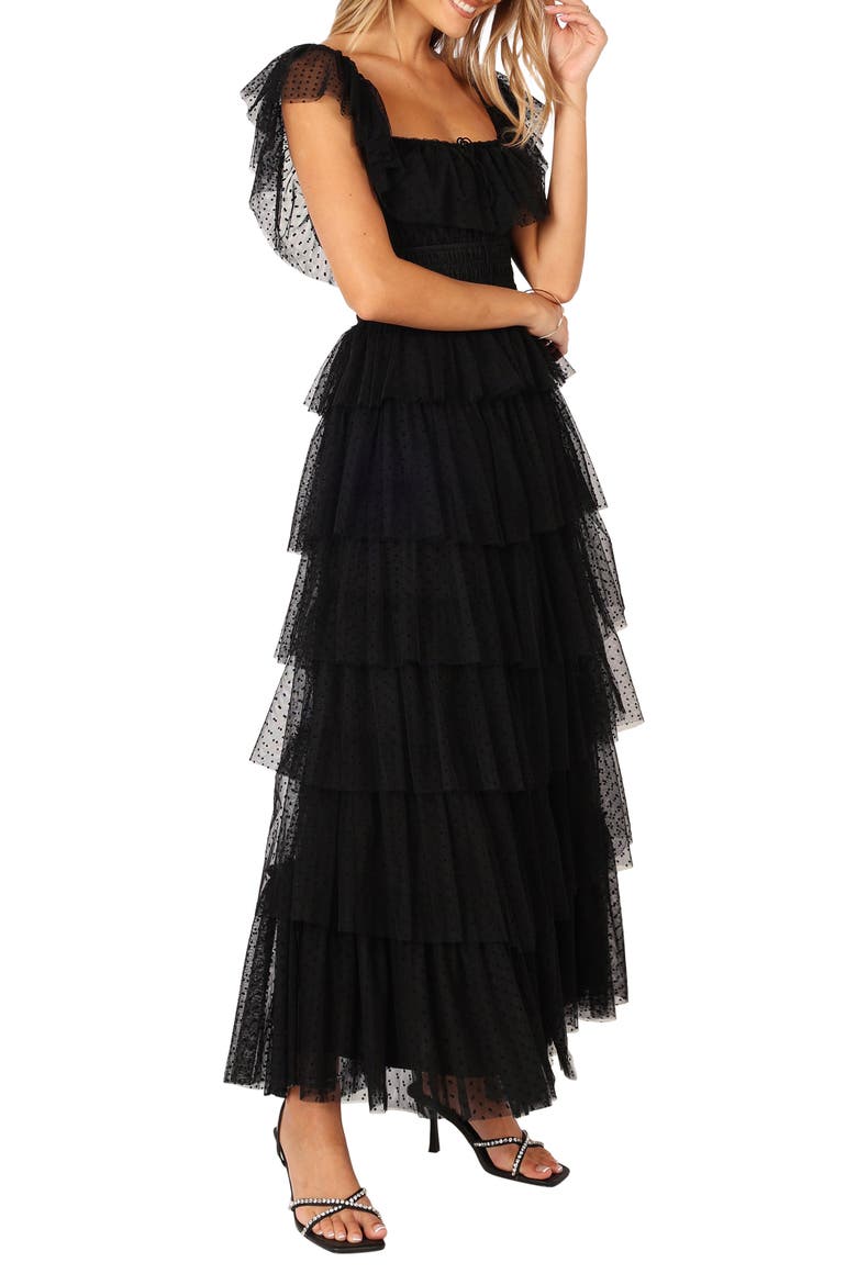 Belle Swiss Dot Tulle Tiered Maxi Dress, Alternate, color, BLACK