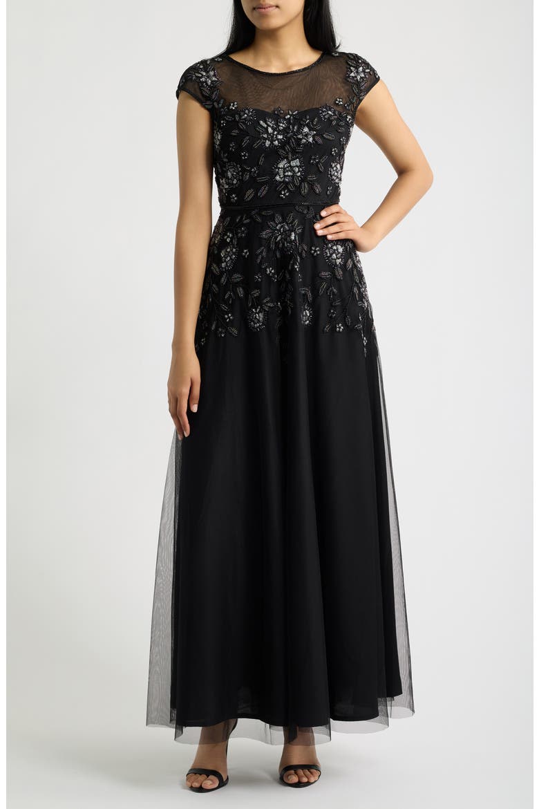 Beaded Floral Gown, Main, color, BLACK 001
